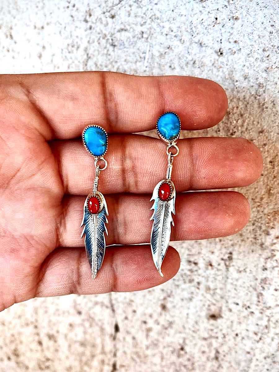 Feather Turquoise European And American Popular Imitation Thai Silver Earrings - Bills Deals gifts&accessories