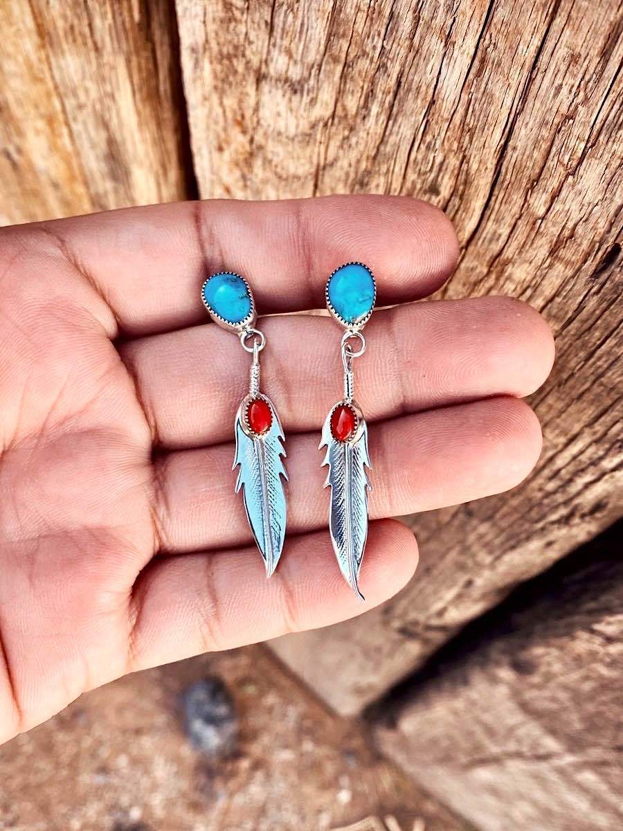 Feather Turquoise European And American Popular Imitation Thai Silver Earrings - Bills Deals gifts&accessories