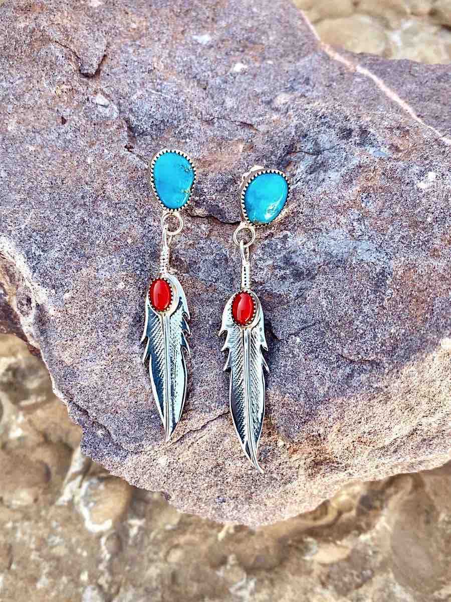 Feather Turquoise European And American Popular Imitation Thai Silver Earrings - Bills Deals gifts&accessories