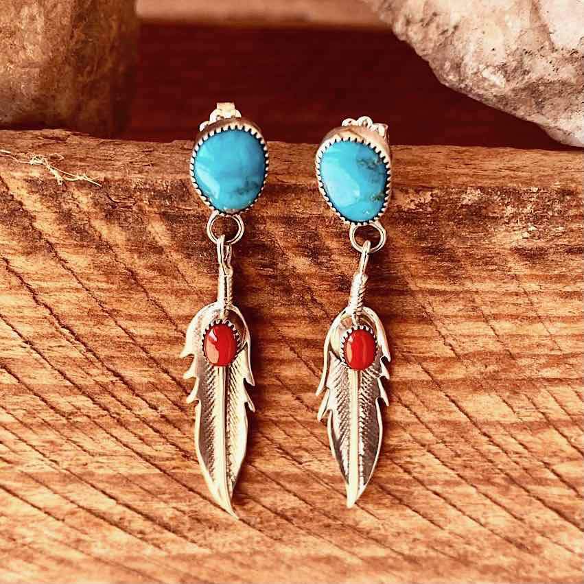 Feather Turquoise European And American Popular Imitation Thai Silver Earrings - Bills Deals gifts&accessories