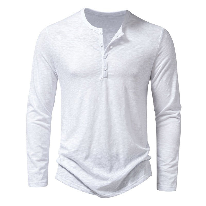 Men's Long - sleeved T-shirt Fashion Casual Solid Color Pullover Button Top Autumn And Spring Clothing - Bills Deals Men's clothing