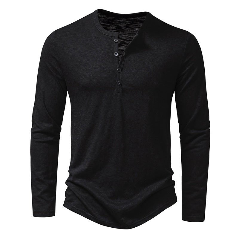 Men's Long - sleeved T-shirt Fashion Casual Solid Color Pullover Button Top Autumn And Spring Clothing - Bills Deals Men's clothing