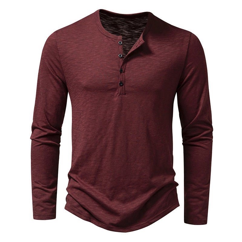 Men's Long - sleeved T-shirt Fashion Casual Solid Color Pullover Button Top Autumn And Spring Clothing - Bills Deals Men's clothing