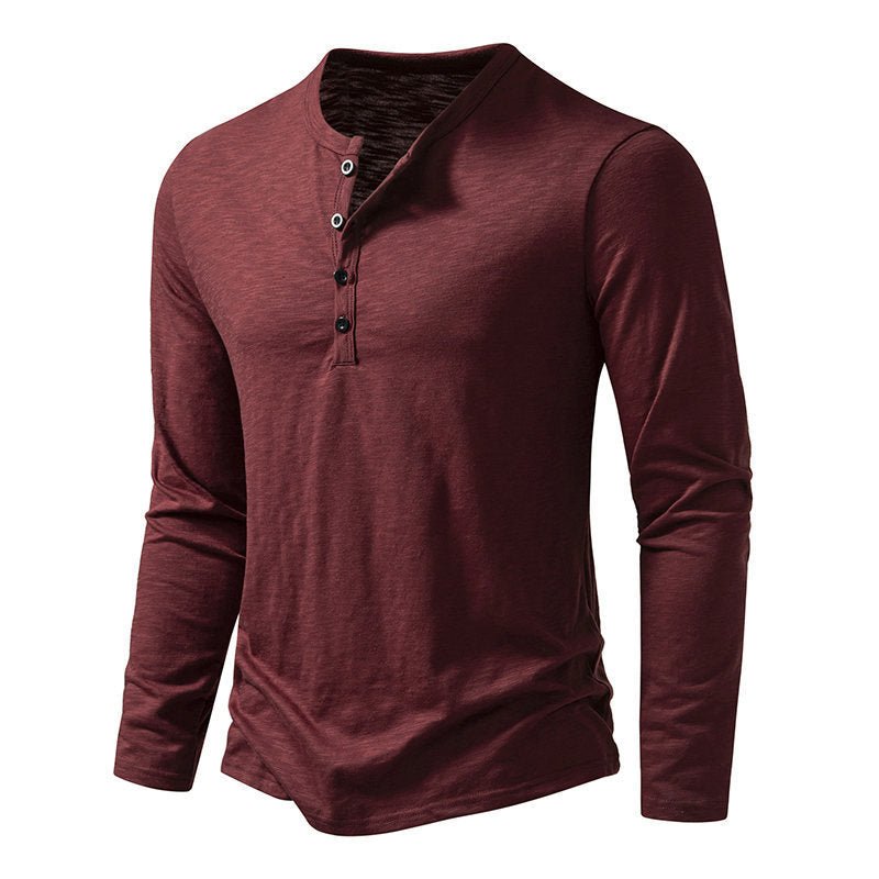 Men's Long - sleeved T-shirt Fashion Casual Solid Color Pullover Button Top Autumn And Spring Clothing - Bills Deals Men's clothing