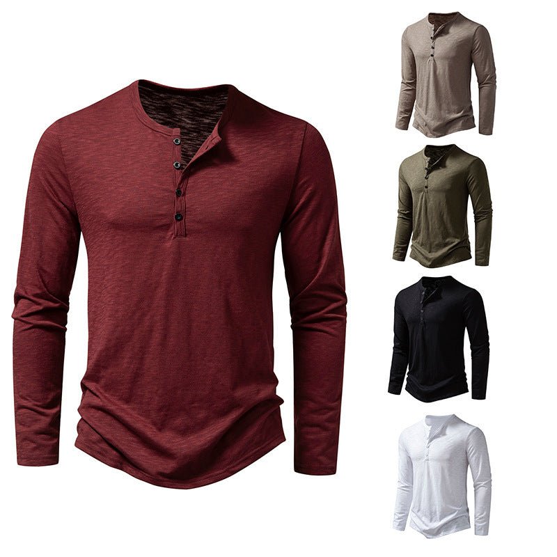 Men's Long - sleeved T-shirt Fashion Casual Solid Color Pullover Button Top Autumn And Spring Clothing - Bills Deals Men's clothing