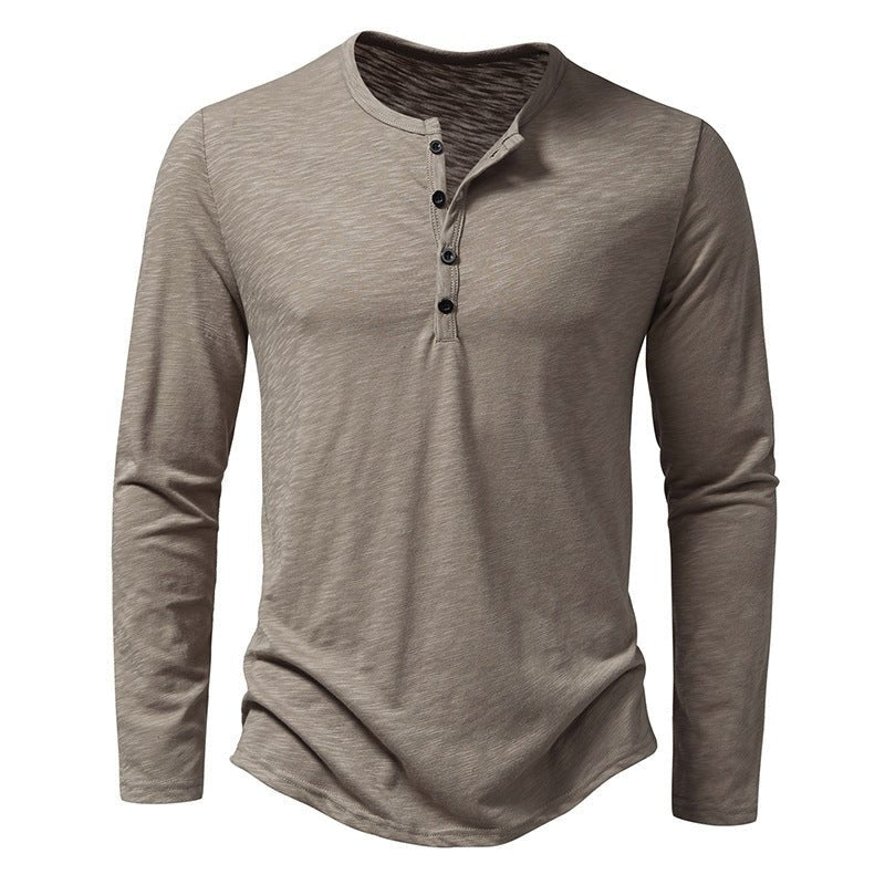 Men's Long - sleeved T-shirt Fashion Casual Solid Color Pullover Button Top Autumn And Spring Clothing - Bills Deals Men's clothing