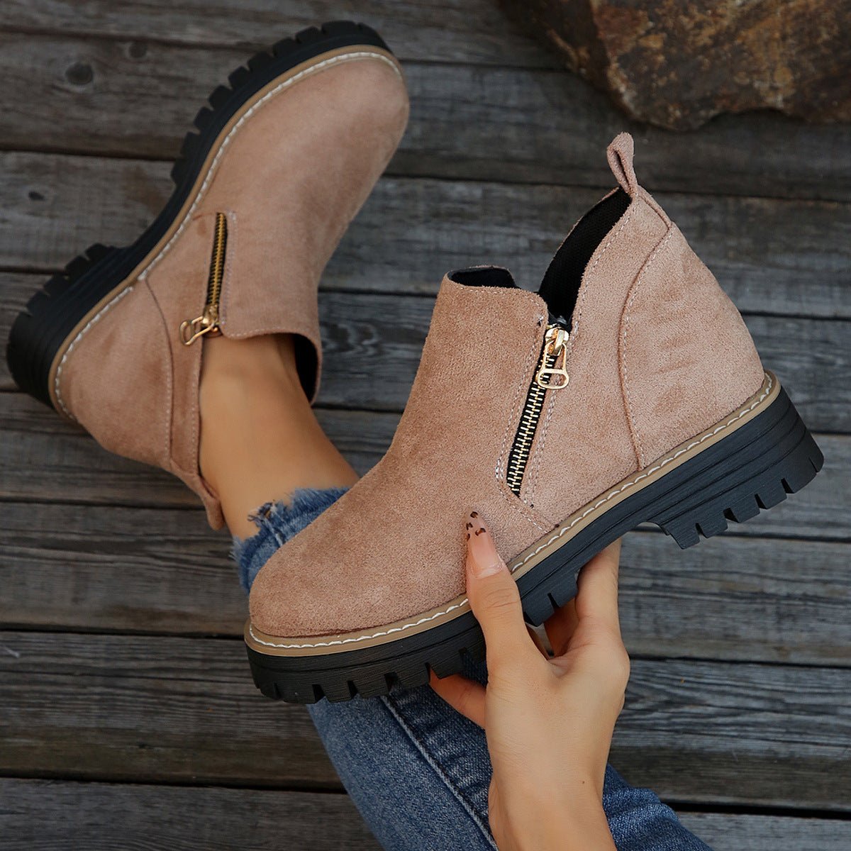 Fashion Ankle Boots With Side Zipper Ins Chunky Boots Autumn Winter Suede Shoes Women - Bills Deals shoes slide on boots