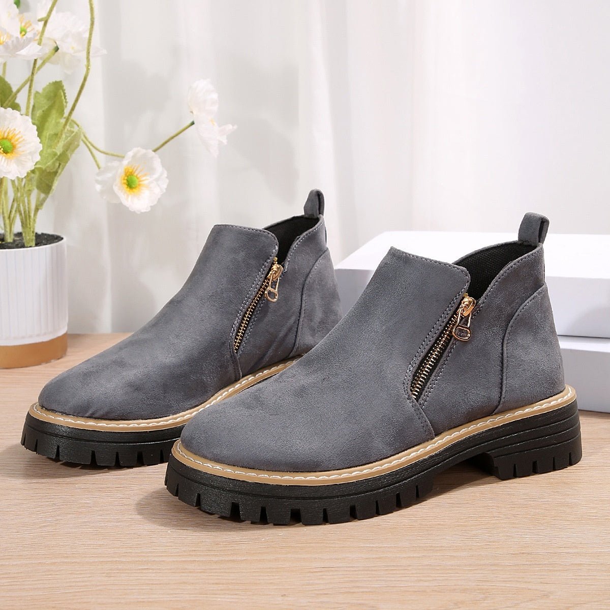 Fashion Ankle Boots With Side Zipper Ins Chunky Boots Autumn Winter Suede Shoes Women - Bills Deals shoes slide on boots