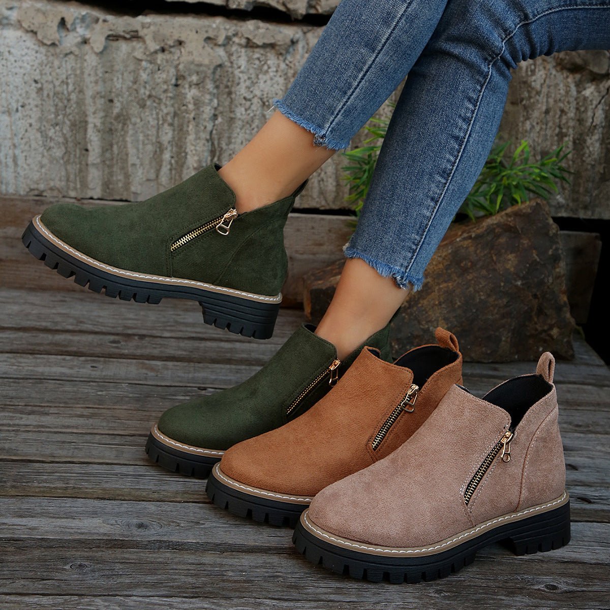 Fashion Ankle Boots With Side Zipper Ins Chunky Boots Autumn Winter Suede Shoes Women - Bills Deals shoes slide on boots