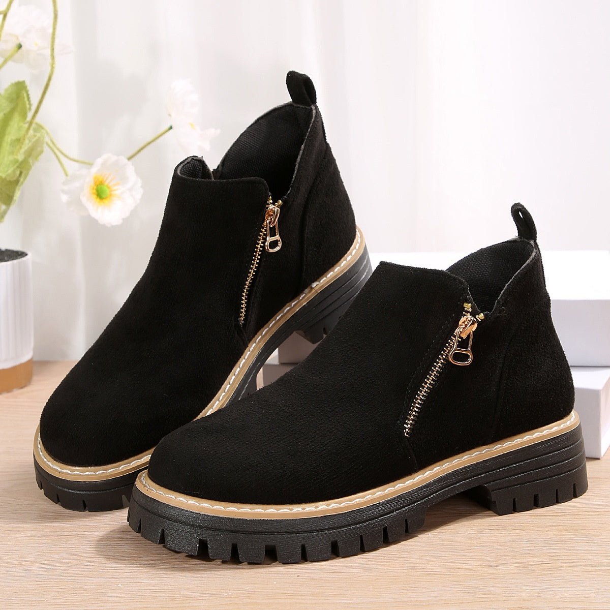 Fashion Ankle Boots With Side Zipper Ins Chunky Boots Autumn Winter Suede Shoes Women - Bills Deals shoes slide on boots