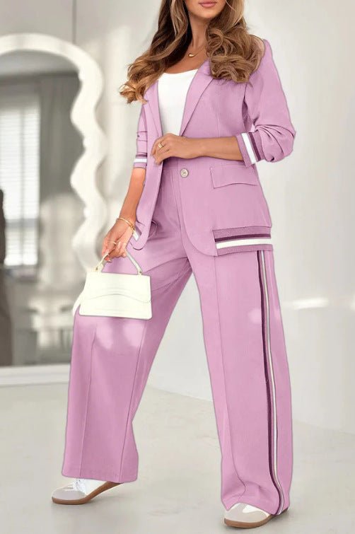 2 Pcs Set Women Suit Coat Pants Suit Lapel Long Sleeves Lady Jacket Wide Leg High Waist Trousers Female Commuting Office Outfit - Bills Deals Women's clothing