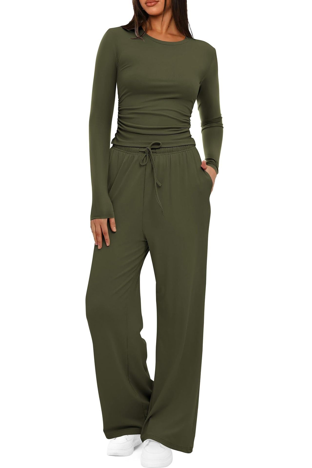 2 Pieces Women's Suit Autumn Winte Long Sleeve Tops High Waisted Wide Leg Pants Sportswear Female Clothes Solid Color Casual Suit - Bills Deals Women's clothing