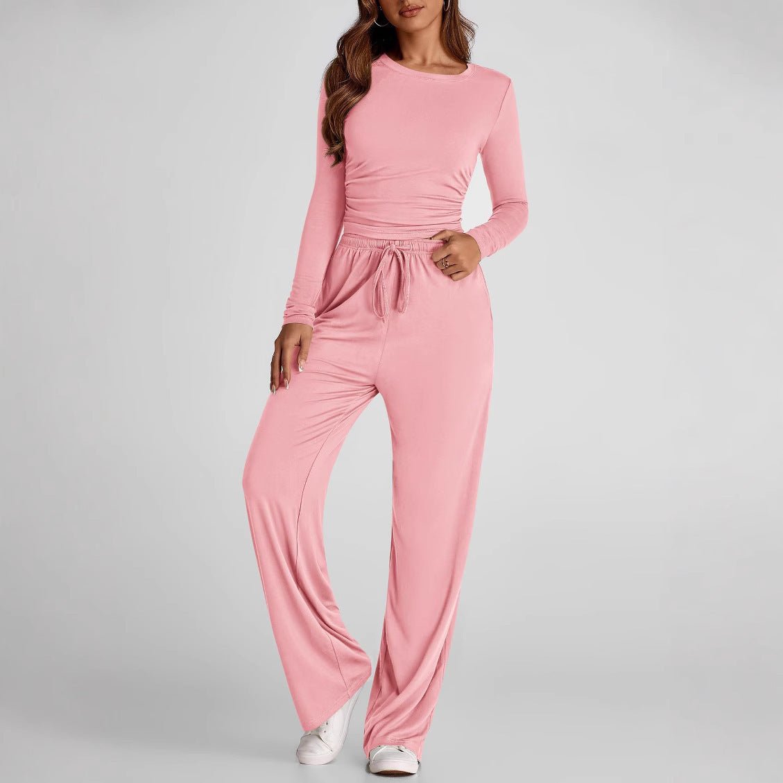 2 Pieces Women's Suit Autumn Winte Long Sleeve Tops High Waisted Wide Leg Pants Sportswear Female Clothes Solid Color Casual Suit - Bills Deals Women's clothing