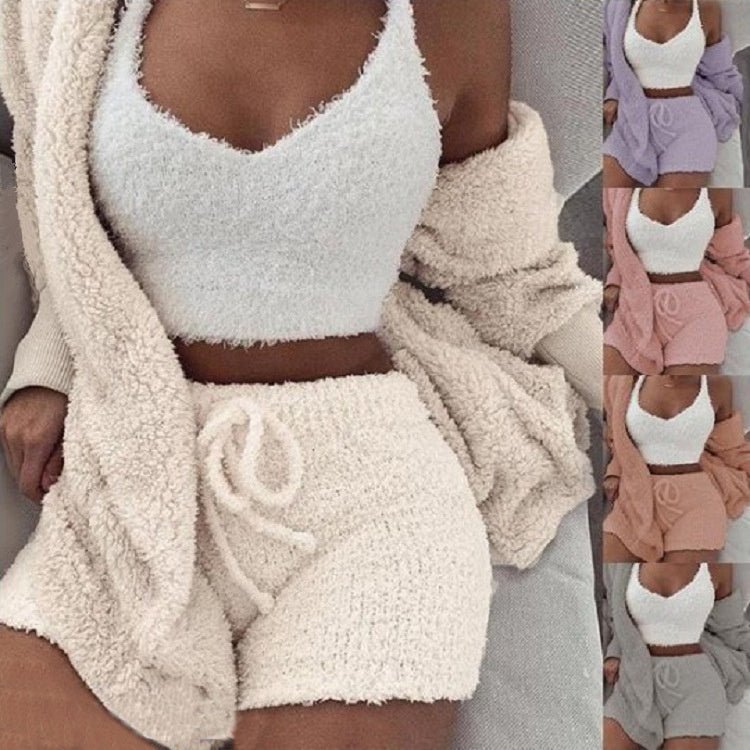 3pcs Womens Clothing Long Sleeve Crop Tank Top And Drawstring Shorts Pajama Set - Bills Deals Women's clothing