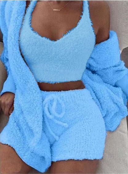 3pcs Womens Clothing Long Sleeve Crop Tank Top And Drawstring Shorts Pajama Set - Bills Deals Women's clothing