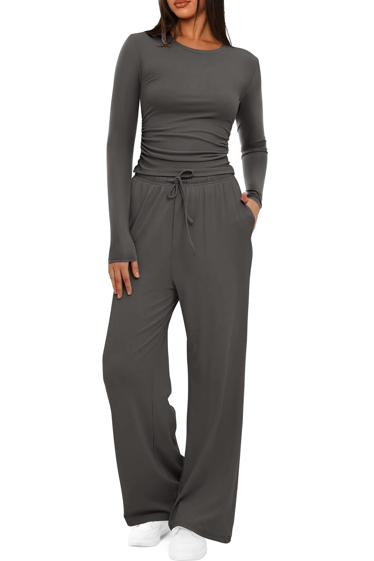2 Pieces Women's Suit Autumn Winte Long Sleeve Tops High Waisted Wide Leg Pants Sportswear Female Clothes Solid Color Casual Suit - Bills Deals Women's clothing