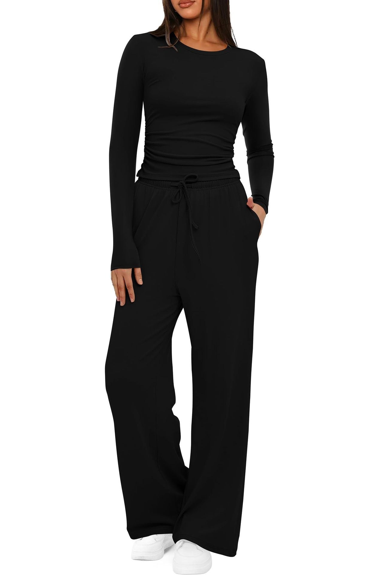 2 Pieces Women's Suit Autumn Winte Long Sleeve Tops High Waisted Wide Leg Pants Sportswear Female Clothes Solid Color Casual Suit - Bills Deals Women's clothing