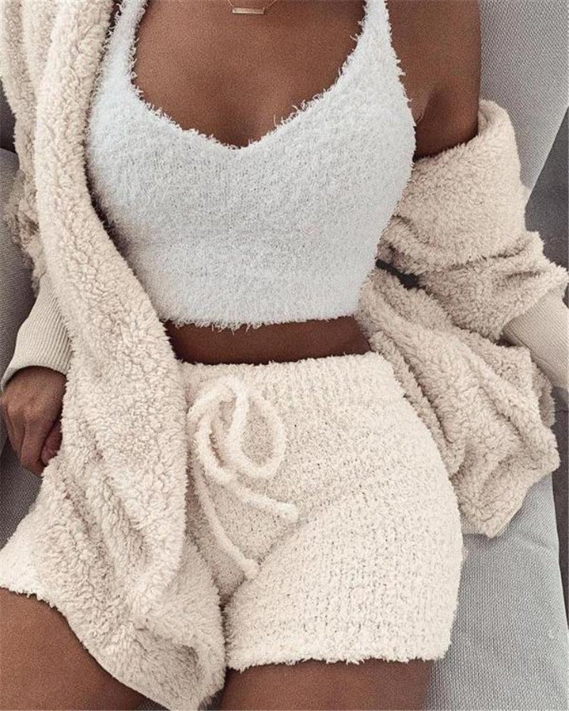 3pcs Womens Clothing Long Sleeve Crop Tank Top And Drawstring Shorts Pajama Set - Bills Deals Women's clothing