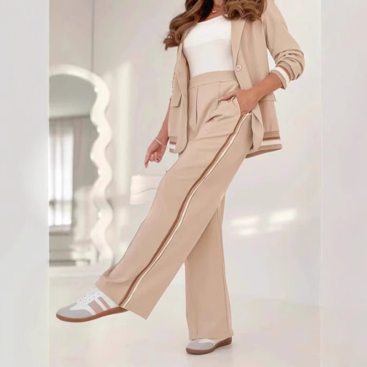 2 Pcs Set Women Suit Coat Pants Suit Lapel Long Sleeves Lady Jacket Wide Leg High Waist Trousers Female Commuting Office Outfit - Bills Deals Women's clothing