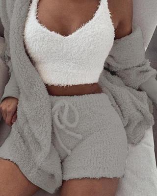 3pcs Womens Clothing Long Sleeve Crop Tank Top And Drawstring Shorts Pajama Set - Bills Deals Women's clothing