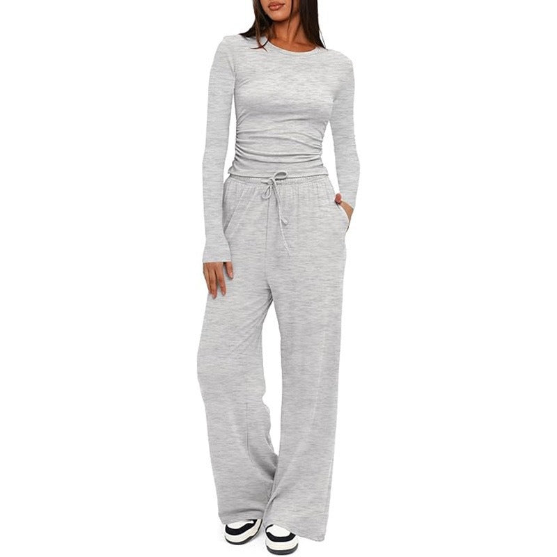 2 Pieces Women's Suit Autumn Winte Long Sleeve Tops High Waisted Wide Leg Pants Sportswear Female Clothes Solid Color Casual Suit - Bills Deals Women's clothing