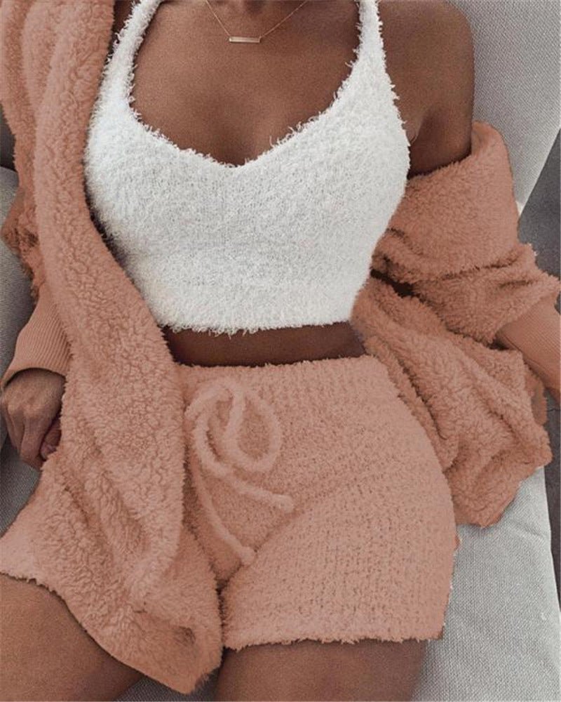 3pcs Womens Clothing Long Sleeve Crop Tank Top And Drawstring Shorts Pajama Set - Bills Deals Women's clothing