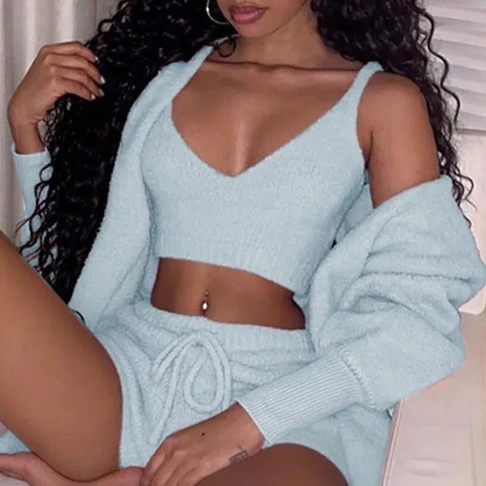 3pcs Womens Clothing Long Sleeve Crop Tank Top And Drawstring Shorts Pajama Set - Bills Deals Women's clothing