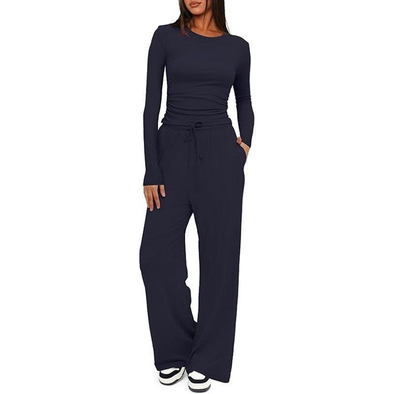 2 Pieces Women's Suit Autumn Winte Long Sleeve Tops High Waisted Wide Leg Pants Sportswear Female Clothes Solid Color Casual Suit - Bills Deals Women's clothing