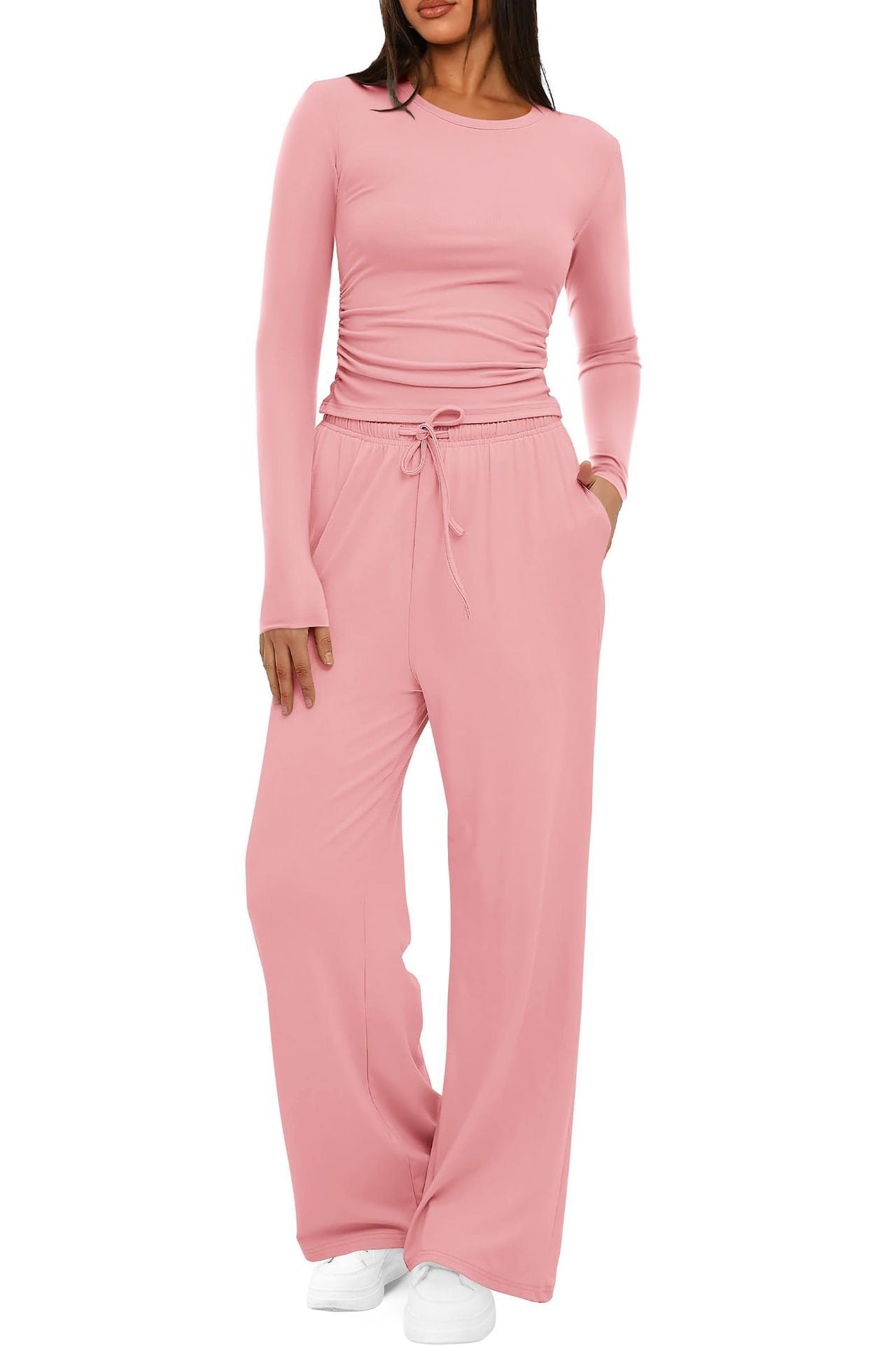 2 Pieces Women's Suit Autumn Winte Long Sleeve Tops High Waisted Wide Leg Pants Sportswear Female Clothes Solid Color Casual Suit - Bills Deals Women's clothing