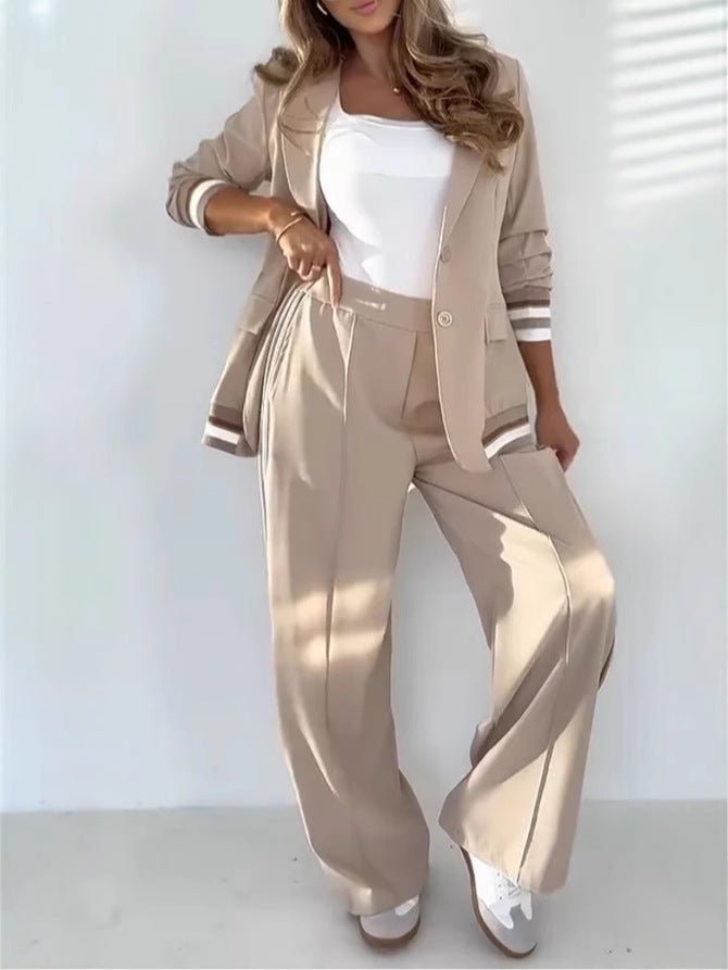 2 Pcs Set Women Suit Coat Pants Suit Lapel Long Sleeves Lady Jacket Wide Leg High Waist Trousers Female Commuting Office Outfit - Bills Deals Women's clothing