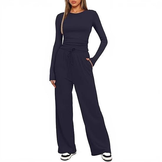 2 Pieces Women's Suit Autumn Winte Long Sleeve Tops High Waisted Wide Leg Pants Sportswear Female Clothes Solid Color Casual Suit - Bills Deals Women's clothing
