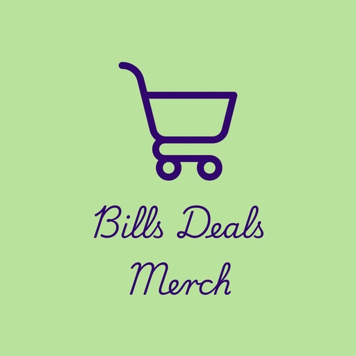 Purple shopping cart icon on a green background with 'Bills Deals Merch' text.