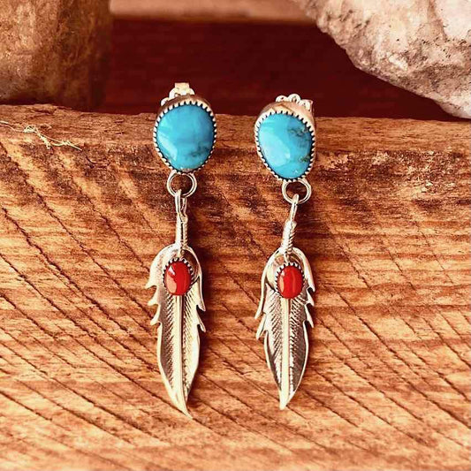 Feather Turquoise European And American Popular Imitation Thai Silver Earrings - Bills Deals gifts&accessories