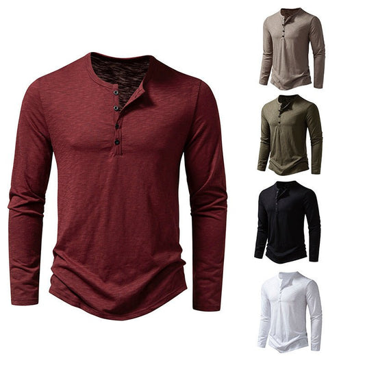 Men's Long - sleeved T-shirt Fashion Casual Solid Color Pullover Button Top Autumn And Spring Clothing - Bills Deals Men's clothing