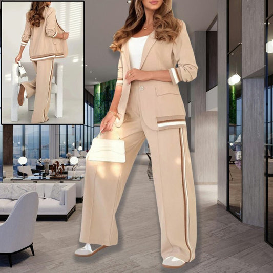 2 Pcs Set Women Suit Coat Pants Suit Lapel Long Sleeves Lady Jacket Wide Leg High Waist Trousers Female Commuting Office Outfit - Bills Deals Women's clothing