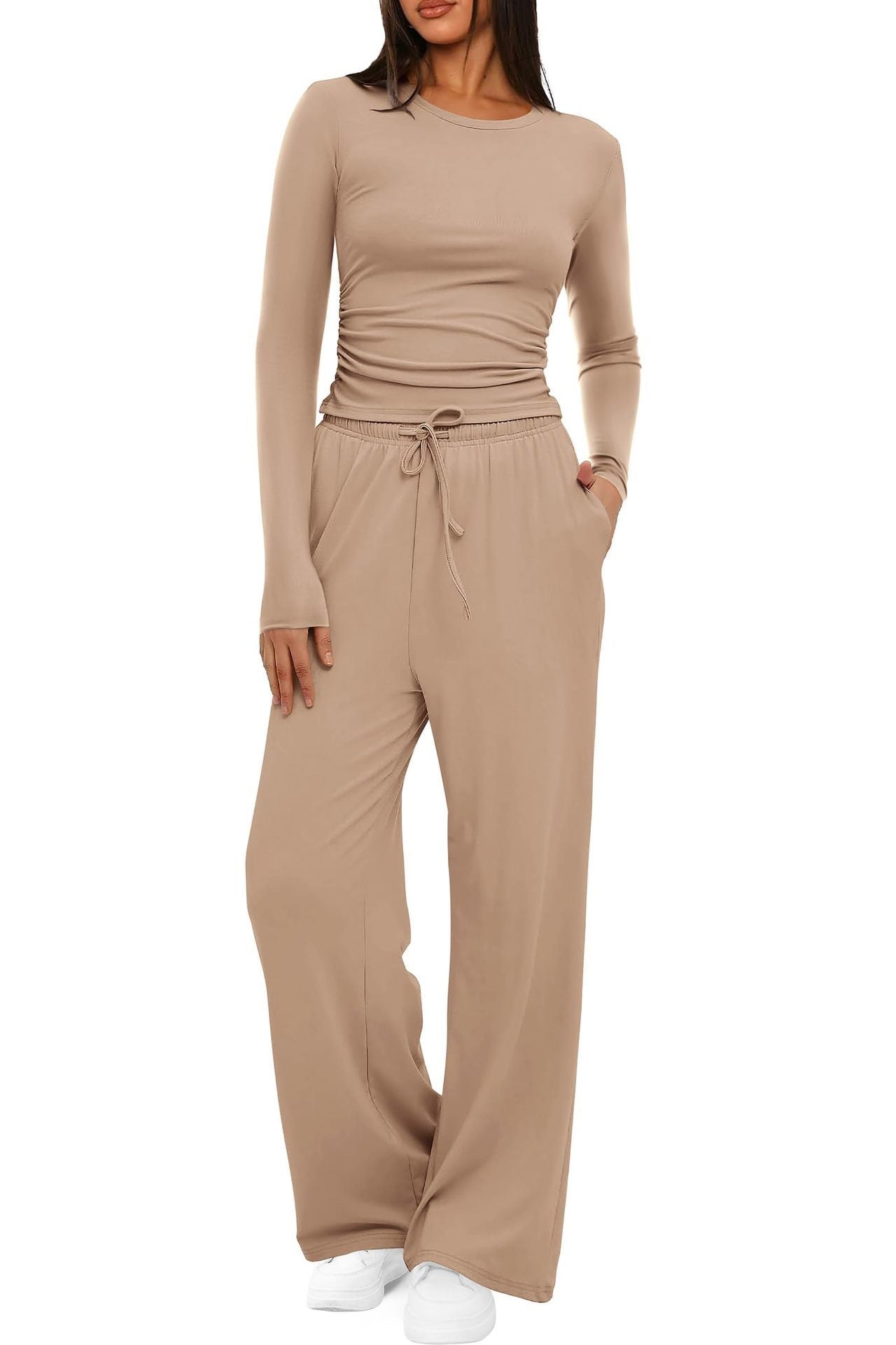 2 Pieces Women's Suit Autumn Winte Long Sleeve Tops High Waisted Wide Leg Pants Sportswear Female Clothes Solid Color Casual Suit - Bills Deals Women's clothing