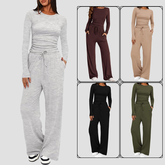 2 Pieces Women's Suit Autumn Winte Long Sleeve Tops High Waisted Wide Leg Pants Sportswear Female Clothes Solid Color Casual Suit - Bills Deals Women's clothing