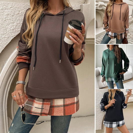 Women's Vintage Oversized Hoodie With Plaid Patchwork Stylish Y2k Clothing Streetwear Round Neck Hooded Long Sleeve Sweatshirts - Bills Deals Women's clothing